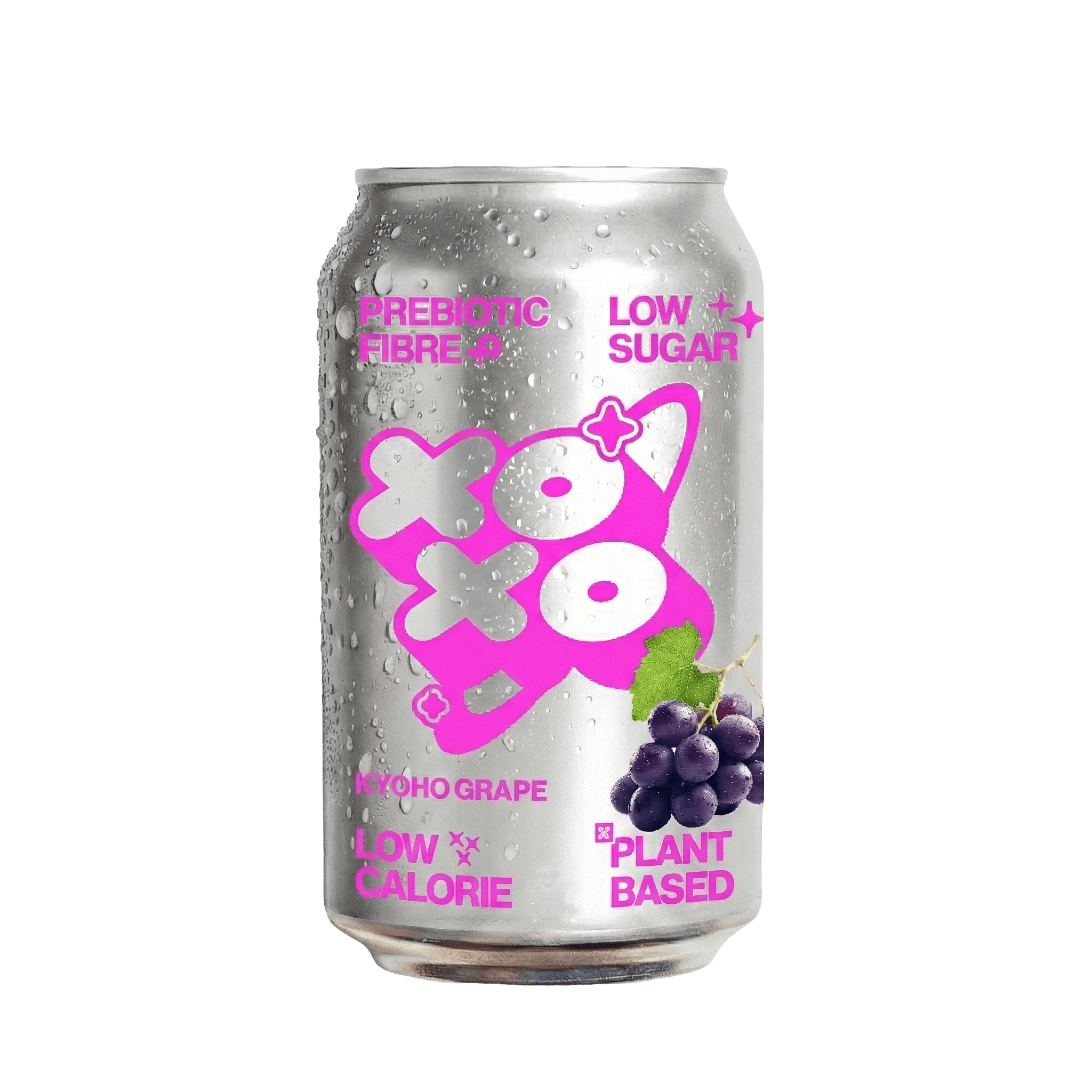 Kyoho Grape Prebiotic Soda | XOXO Limited Edition - 12 Pack in a can with vibrant design and droplets.