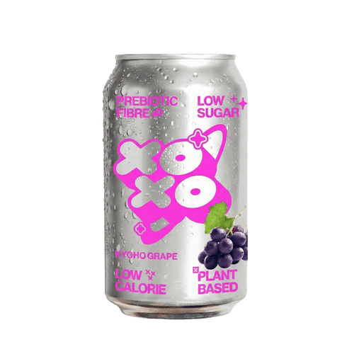 Kyoho Grape Prebiotic Soda | XOXO Limited Edition - 12 Pack in a can with vibrant design and droplets.