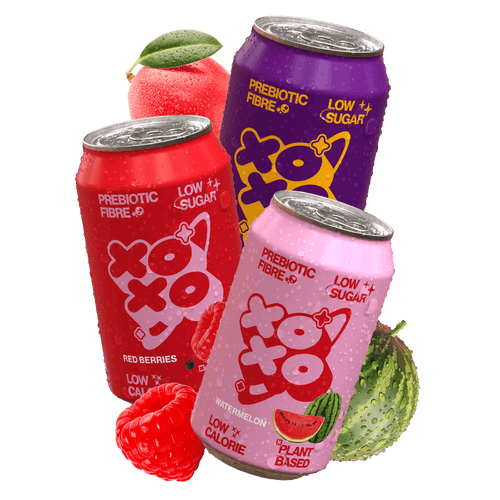 Prebiotic Soda Mixed Pack | Best of XOXO - includes Juicy Watermelon, Red Berries, and Tropical Fruits cans.