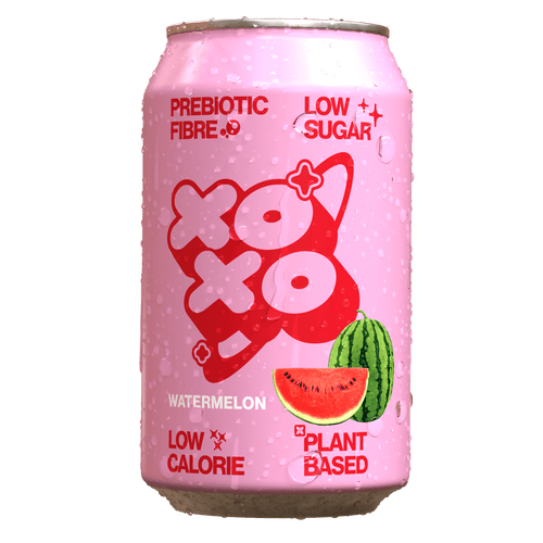 Watermelon Prebiotic Soda by XOXO in a can, featuring low sugar, low calorie, and plant-based ingredients.